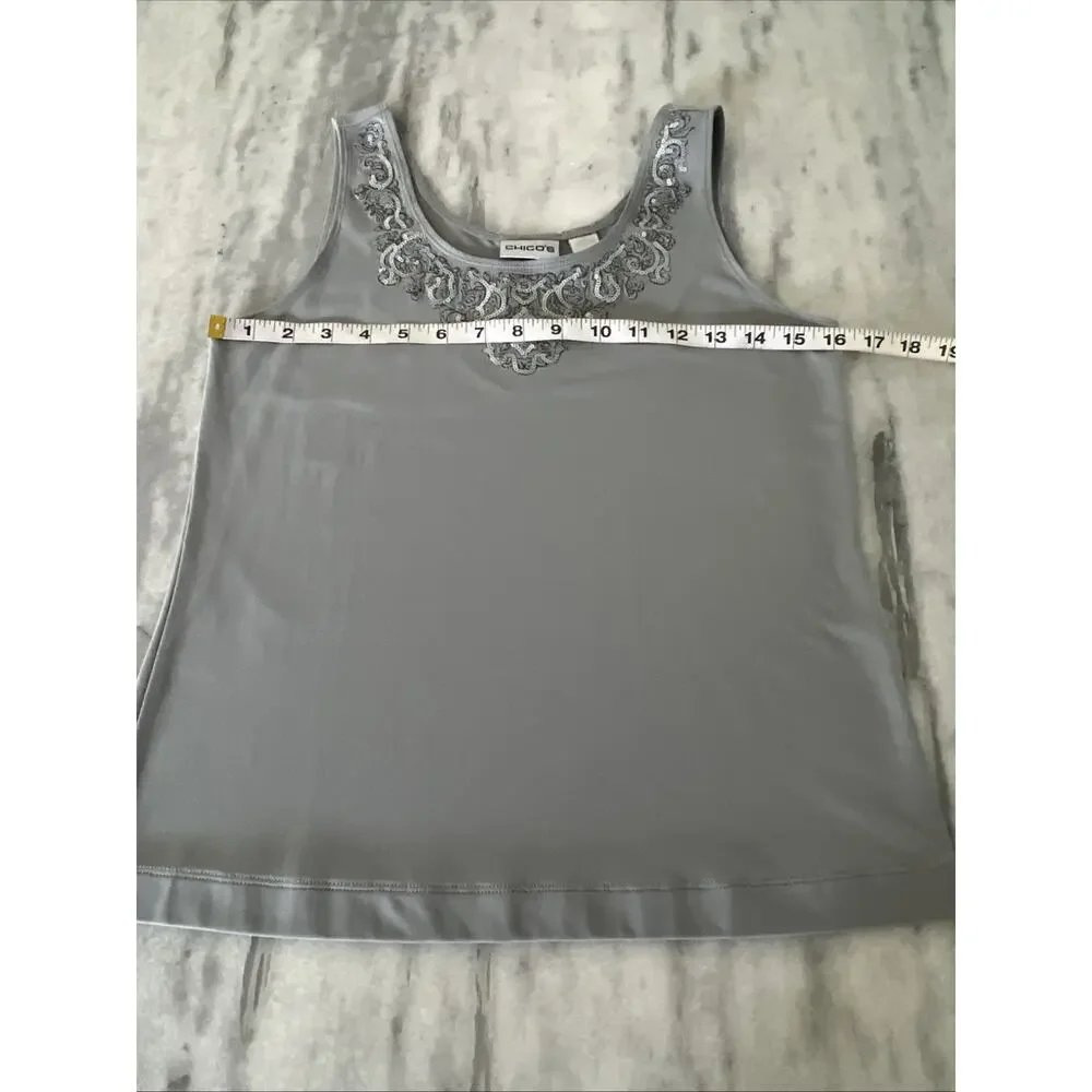Chico's 0 (Small)Top Tank Top Silver Embellished Neck Wide Straps Dressy Sequins